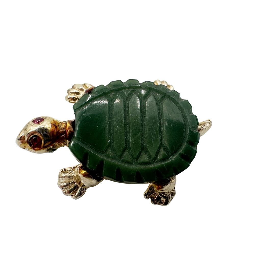vintage TURTLE green & gold BROOCH red rhinestone eyes jewelry pin